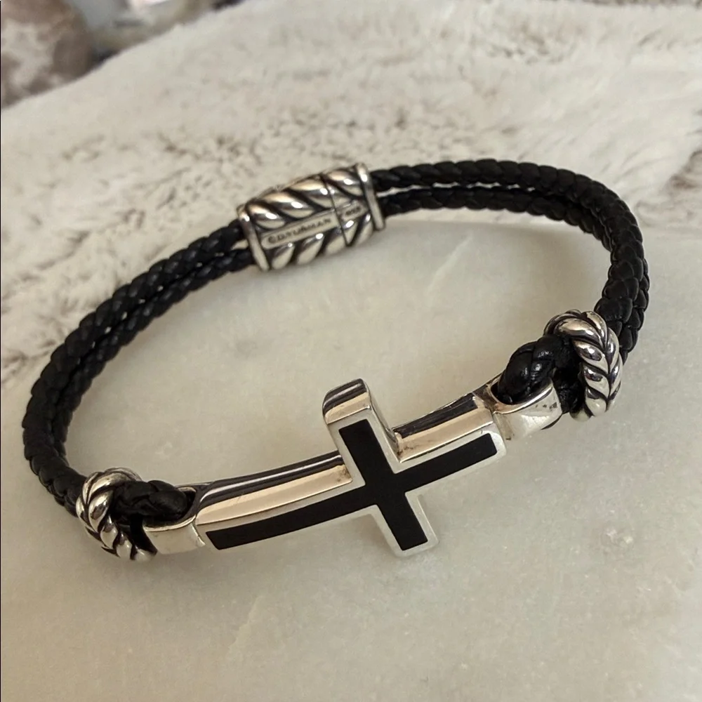 David Yurman Black Leather Bracelet with Silver Cross Accent